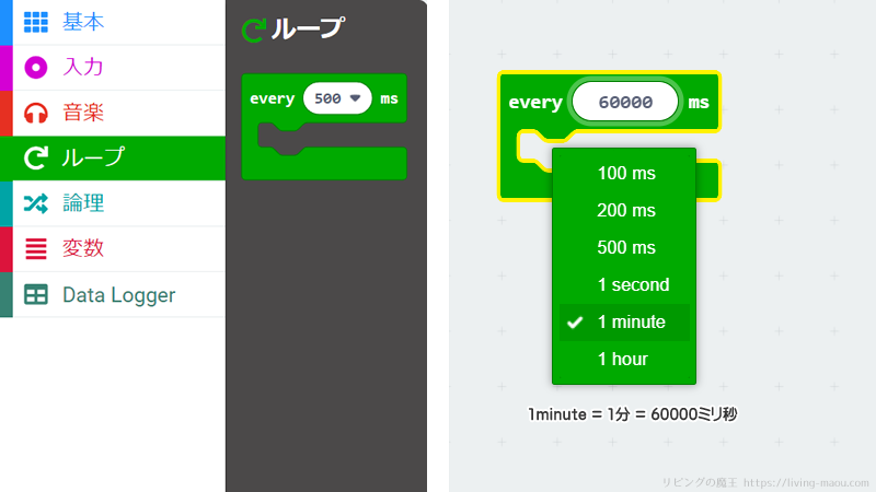 「every 500 ms」ブロック